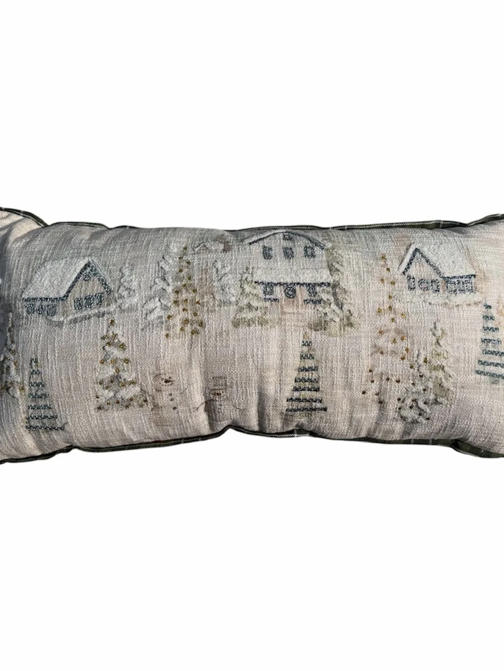Rachel Ashwell Snowy Village Scene Green Plaid Trim Decorative Pillow  Charming
